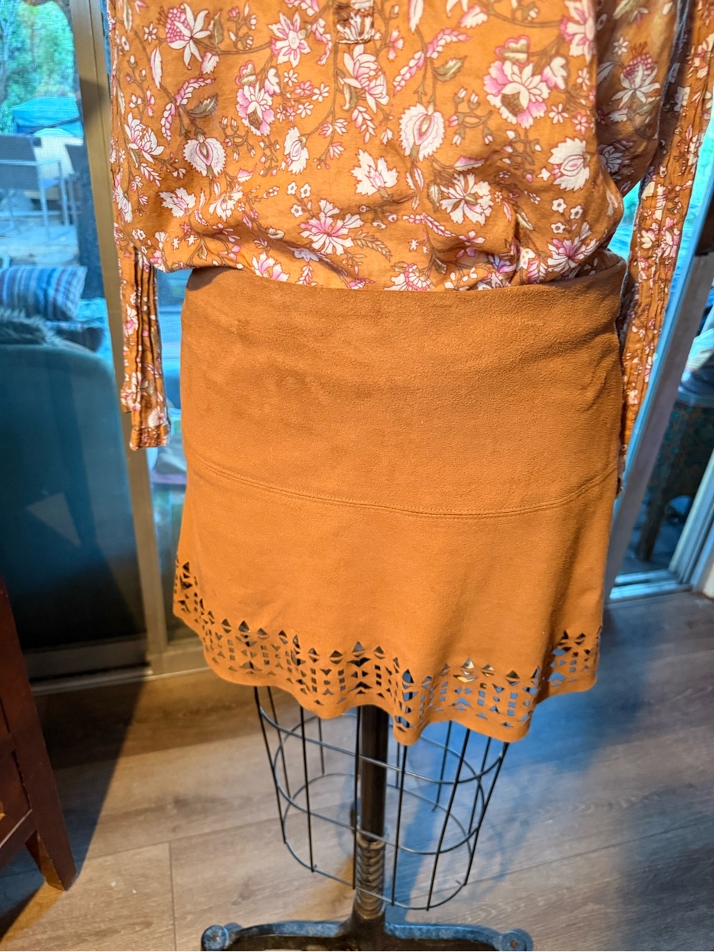 Jolt Rust Tan Suede Laser-Cut Mini Skirt